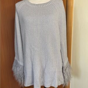 TSE Light Gray blue cashmere Sweater with feather Fur Cuffs Sz XL